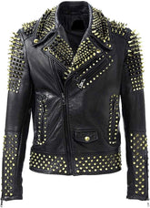 Men Golden Biker Brando Punk Biker Full Black Gold Studded Biker Leather Jacket